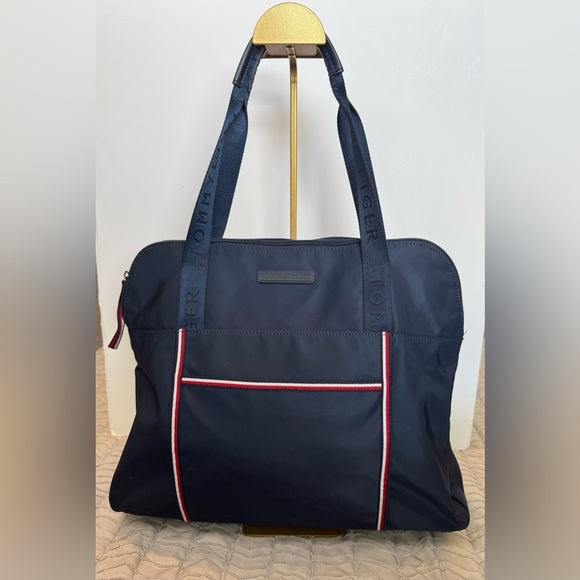 TOMMY HILFIGER Large Zip Nylon Signature Stripe Tote Navy Blue - Picture 1 of 9